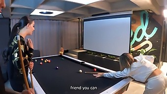 Lesbian Threesome With Two Beautiful Brunettes And A Pool Table
